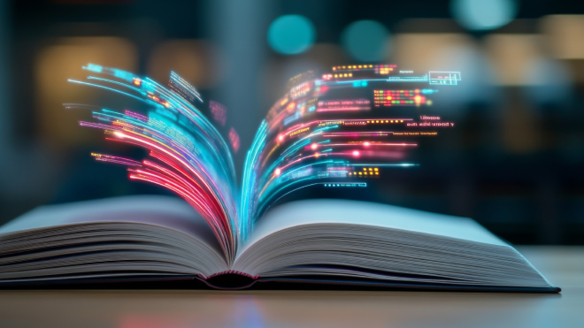 Offenes Buch mit digitalen Datenvisualisierungen, symbolisiert Daten-Storytelling.